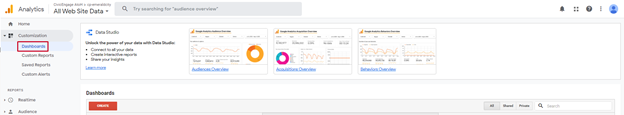 Google Analytics, User Home Page, Customization Menu, Dashboards Option.