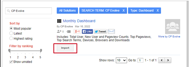Google Analytics, Import from Gallery, Completed Search with Import Button.
