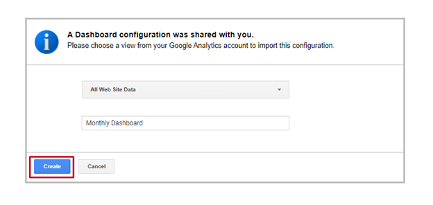 Google Analytics, Dashboard Configuration, Window Create Button.