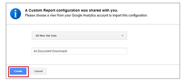 Google Analytics Custom Reports Import from Gallery Create Button.