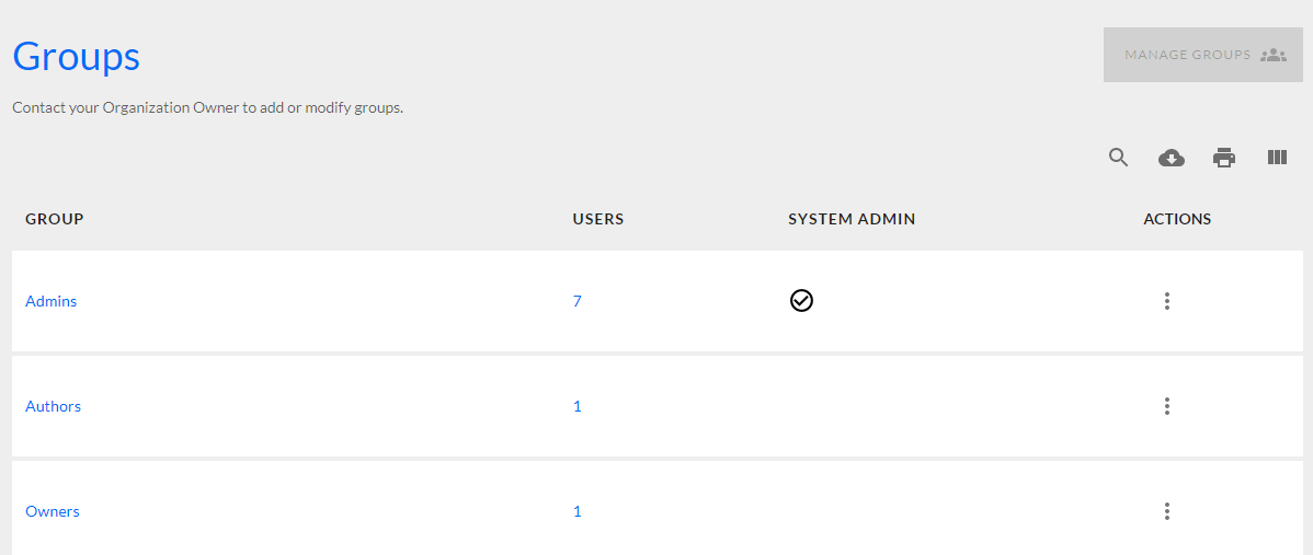 A list of groups in the Groups tab of Site Permissions.