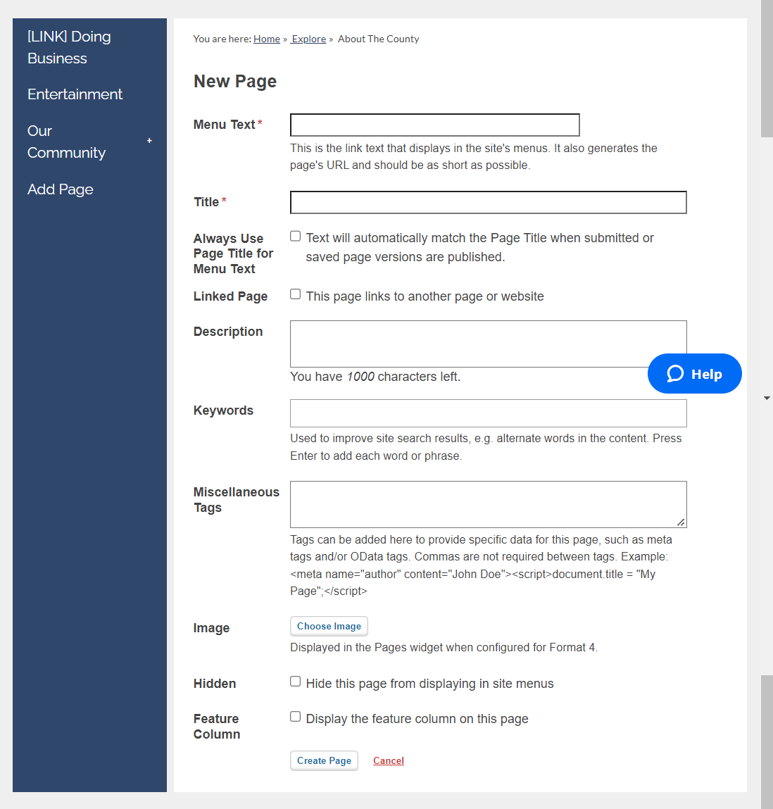Complete the New Page fields