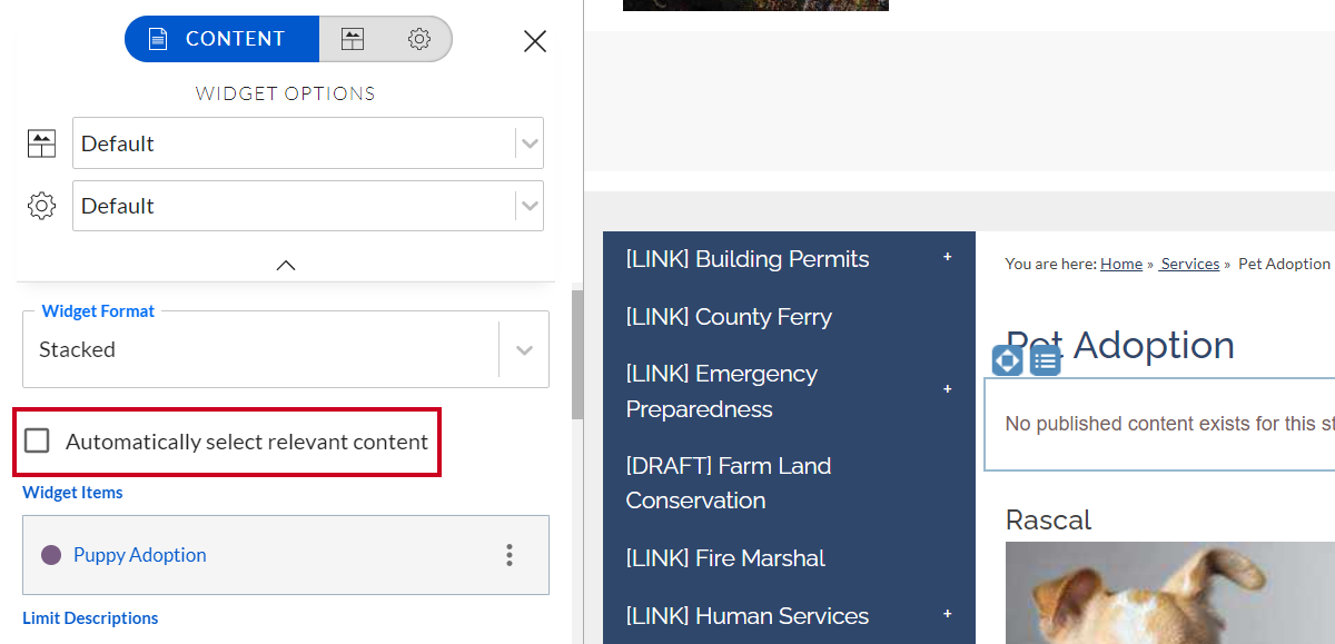 The toggle box labeled Automatically select relevant content.