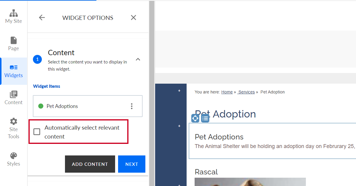 The checkbox toggle labeled Automatically select relevant content.