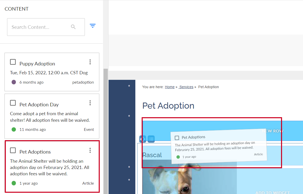 Drag and Drop Content onto the page