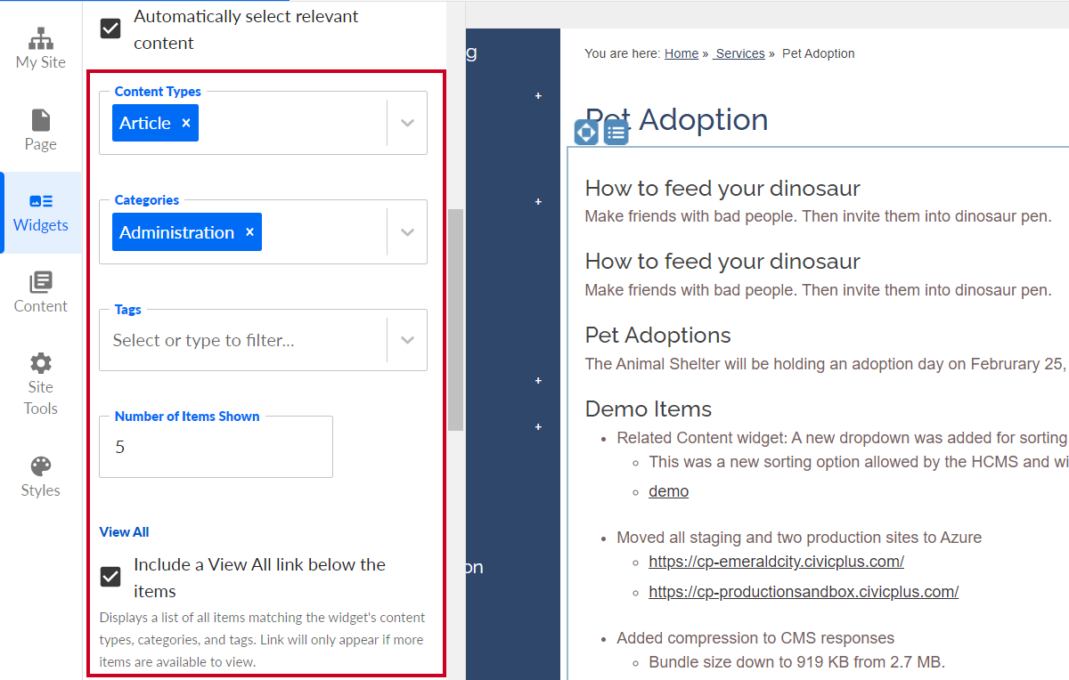 The auto-populate options under the Automatically select relevant content toggle when checked.