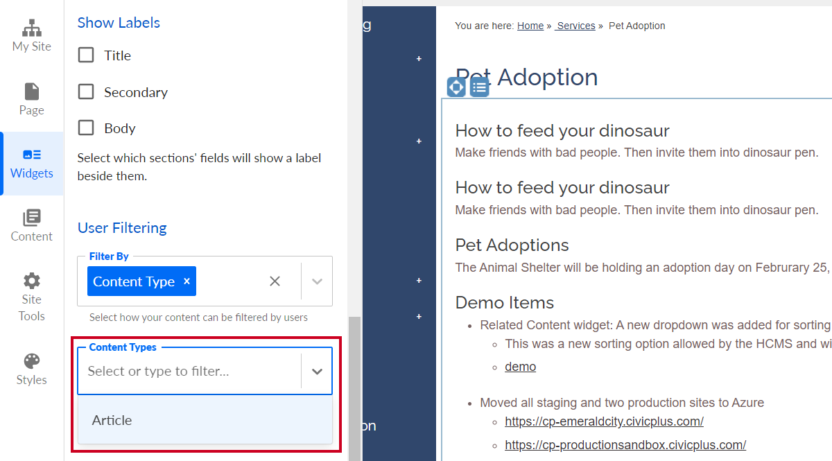 The Content Type dropdown field.