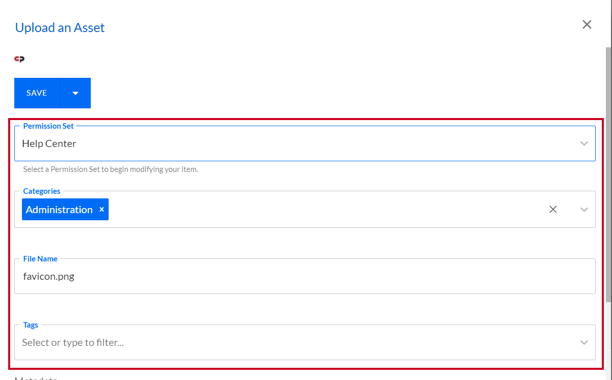 The Permission Set, Categories, File Name, and Tags fields under the Upload an Asset header and the Save button.