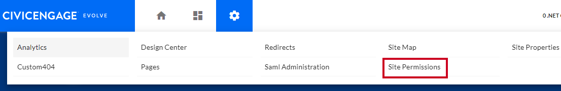 The gear Site Tools icon, and the URL labeled Site Permissions in the alphabetical list.
