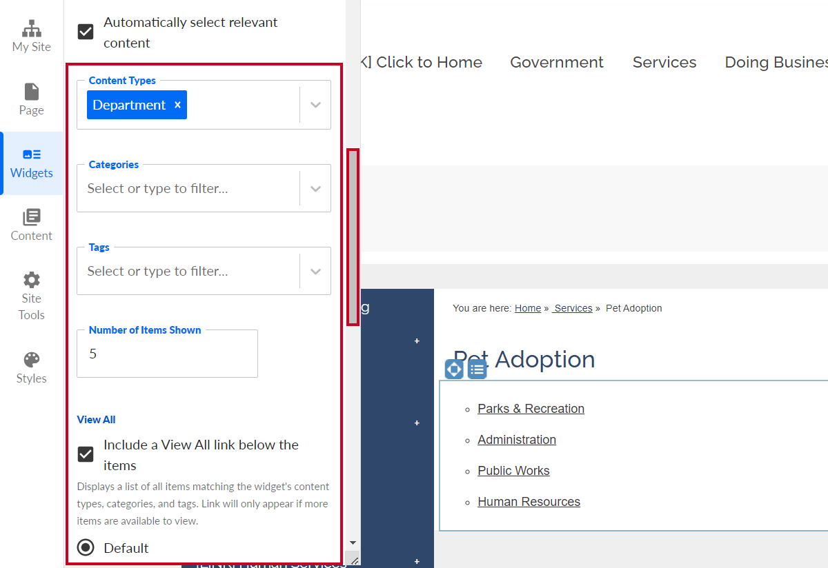 The dropdown fields that appear when Automatically select relevant content is checked.