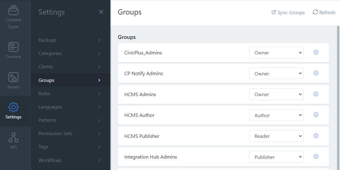 groups page under the Settings tab in the HCMS.
