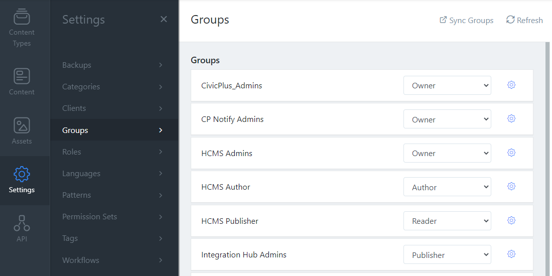The groups page within the Settings tab in the HCMS.