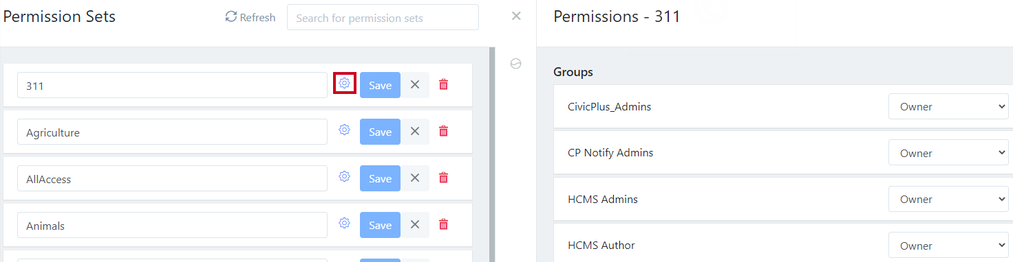 The gear icon next to the right of permission set name in the HCMS.