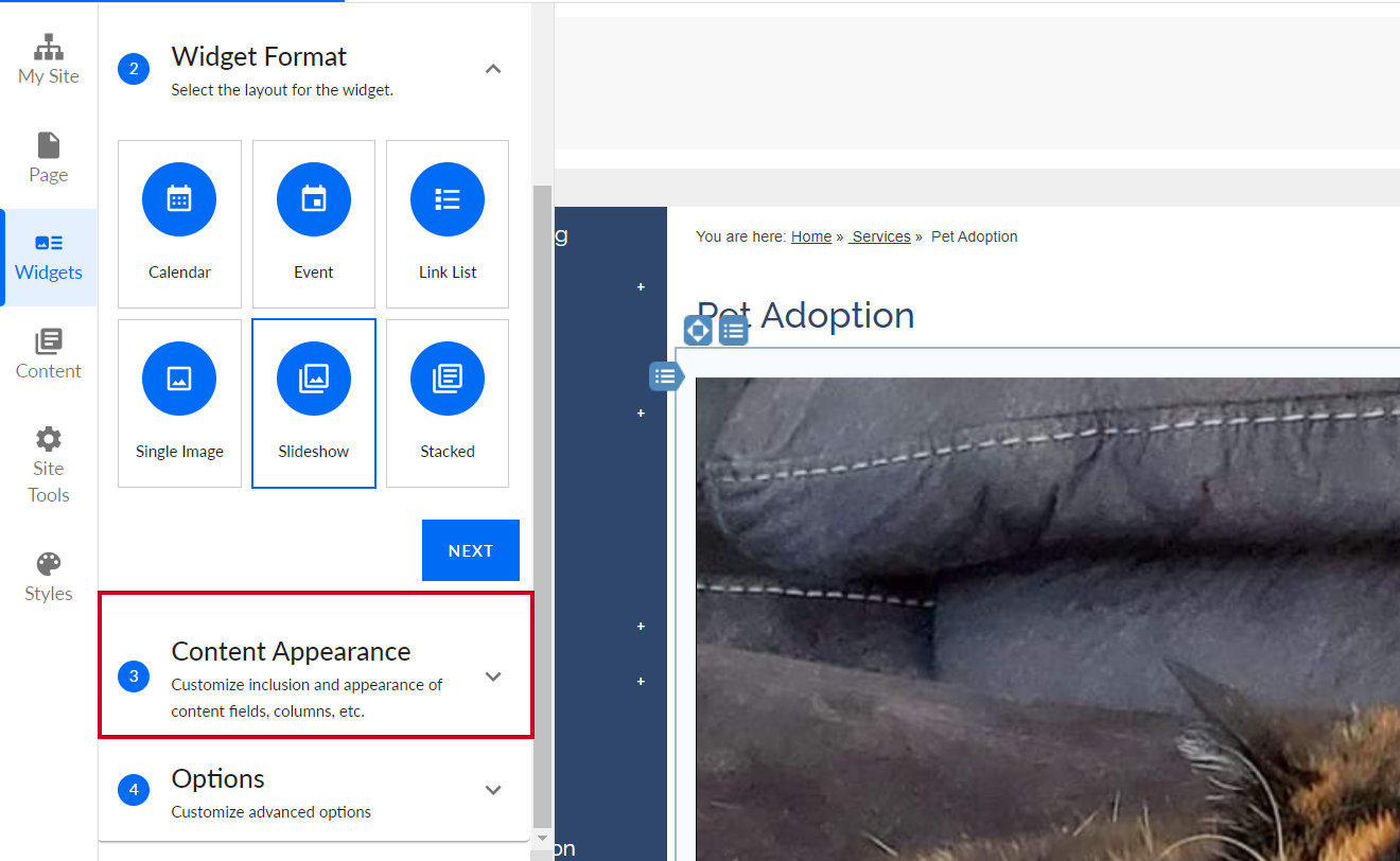 Expand the Content Appearance Menu