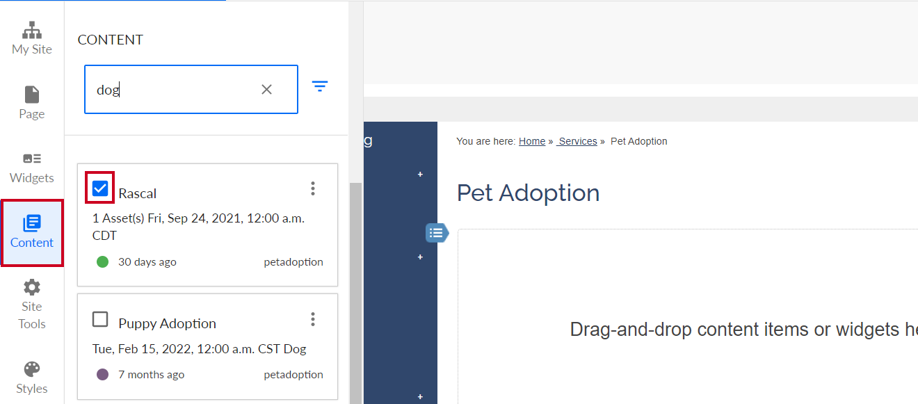 The page icon labeled Content on the vertical menu on the left-hand edge of the page.