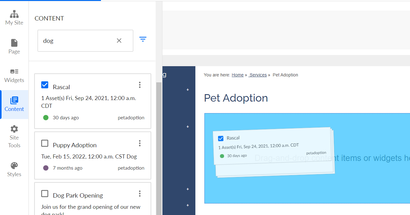 The checkbox to the left of the content name, and the content dragged-and-dropped onto the page.