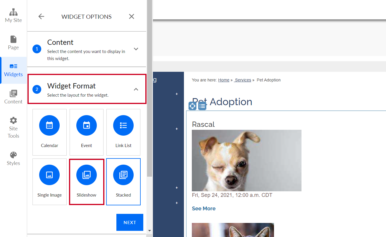 Select the Slideshow Widget